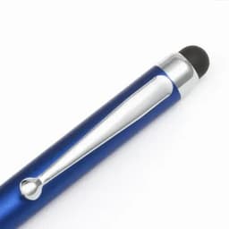 A blue pen with a silver clip and a black stylus tip. The pen features a sleek, metallic design.