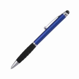 A pen with a blue metal barrel, black rubber grip, and silver accents. It includes a stylus tip for touchscreen devices.