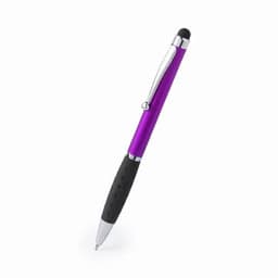 A pen with a purple metallic body, black rubber grip, and silver accents, featuring a logo on its side.