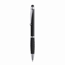 A black pen with a chrome clip and a textured black grip. It features a smooth writing tip and a stylus on the top.