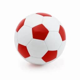 A soccer ball featuring a classic design with red and white panels, showcasing hexagonal and pentagonal shapes.