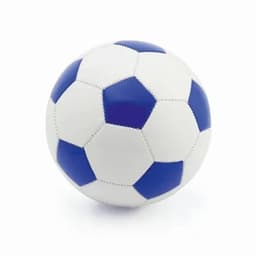 A soccer ball featuring white panels with blue hexagonal designs and stitching.
