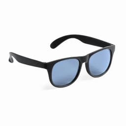 A pair of black sunglasses with blue lenses, featuring a sleek design and sturdy frames.