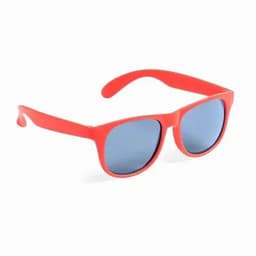 A pair of red sunglasses with blue lenses, featuring a simple design and a branding logo on the arm.