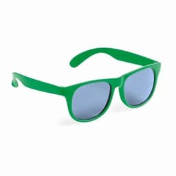 Green sunglasses with light reflective lenses, featuring a simple design and a logo on the arm.