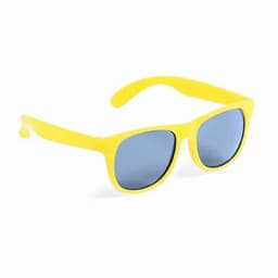 A pair of yellow sunglasses with blue lenses, featuring a solid frame and curved arms.