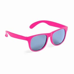 A pair of pink sunglasses with blue tinted lenses and a classic design.