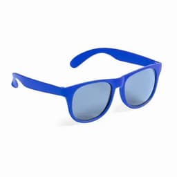 A pair of blue sunglasses with a plastic frame and grey-tinted lenses, featuring a logo on the arm.