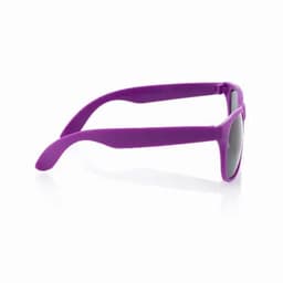 Purple sunglasses with a stylish design and dark lenses, featuring curved arms and a glossy finish.
