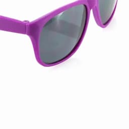 A pair of purple sunglasses with dark lenses and a sleek frame. Features a branding logo.