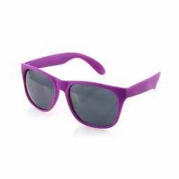 A pair of purple sunglasses with dark lenses and a stylish design, featuring a logo on the side.