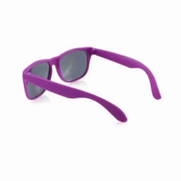 Purple sunglasses with grey lenses and a sleek design, featuring a glossy finish and wide arms.