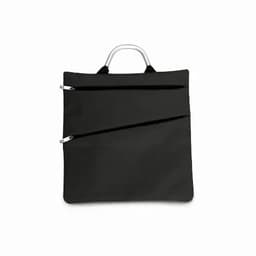 A black tote bag with a metal handle and two zippered pockets on the front, featuring a minimalist design.
