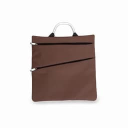 A brown tote bag with two zippered pockets and a sturdy handle. The bag has a simple, sleek design.
