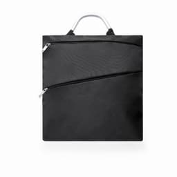 A black promotional bag with a sleek design, featuring two zippers and a handle on top. It has a logo.