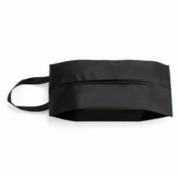 A black promotional bag with a zippered closure and an attached handle.