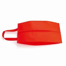 A red promotional product bag with a handle and a zipper compartment, featuring a simple design.