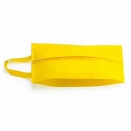 A yellow bag with a zip closure and a handle, featuring a sleek design.