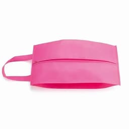 A pink promotional bag with a zip closure and handles for easy carrying. It has a sleek, modern design.