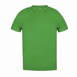 A green short-sleeved T-shirt with a round neckline and a plain design. It features a logo on the label.
