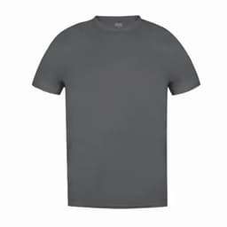 A grey t-shirt with short sleeves and a round neckline, featuring a logo on the collar.