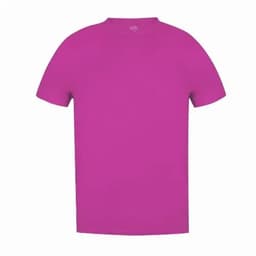 A plain magenta T-shirt featuring a round neck and short sleeves, with a logo on the upper back.
