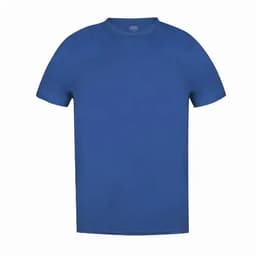 A blue t-shirt with a crew neckline and short sleeves, featuring a logo on the inner label.