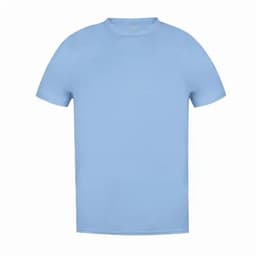 A light blue T-shirt with a round neckline and short sleeves. It features a logo on the front.