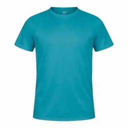 A teal adult T-shirt with a round neckline and short sleeves. Features a logo on the front.