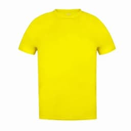 A bright yellow t-shirt with a simple round neckline and short sleeves. It has no visible logos or designs.