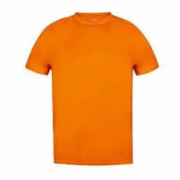 An orange short-sleeved t-shirt featuring a simple design and a small logo on the neckline.