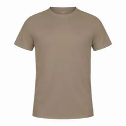 A plain beige adult T-shirt with a round neckline and short sleeves, featuring a logo.