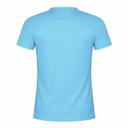 A blue adult T-shirt with a crew neck and short sleeves, featuring a plain back and a brand logo.