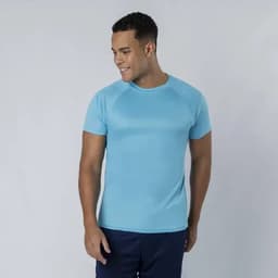 A light blue adult t-shirt with short sleeves, displayed on a male model against a plain background.