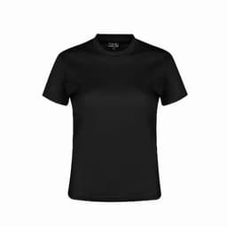 A black short-sleeved T-shirt with a plain design and a logo at the neckline.