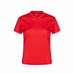 A red short-sleeved t-shirt with a crew neckline, featuring a logo on the label.