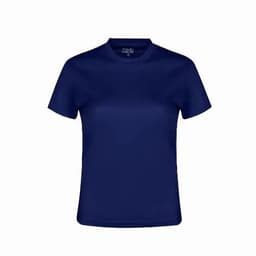 A navy blue short-sleeved t-shirt with a round neckline and no visible logo or branding.