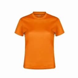 An orange short-sleeve t-shirt displayed against a plain background, featuring a logo on the collar.