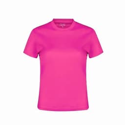 A pink short-sleeved t-shirt with a round neck and a simple design. It features a logo on the label.