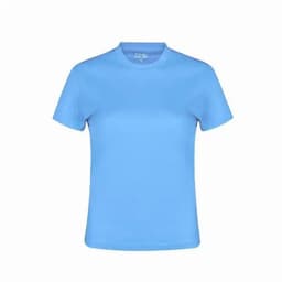A blue short-sleeved shirt with a round neckline, featuring a logo on the inside neck.