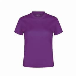 A purple short-sleeved t-shirt with a round neckline and a smooth texture. It features a logo on the inner neck.