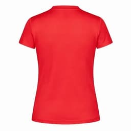 A red women's t-shirt with a fitted design and short sleeves, featuring a branding logo.