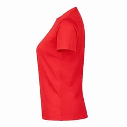 A red women's T-shirt with a fitted design and short sleeves, featuring a logo on the side.