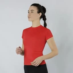 A red women's T-shirt with short sleeves, featuring a fitted design. The shirt has a branding logo.