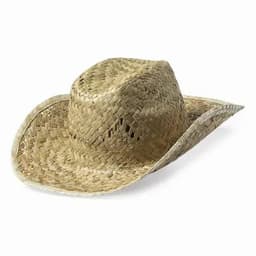 A straw cowboy hat with a wide brim and a woven texture, in a natural beige colour.