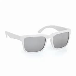 A pair of white sunglasses with grey lenses, featuring a classic square frame design.
