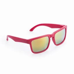 A pair of red sunglasses with reflective multi-coloured lenses, featuring a modern square design and a logo on the side.