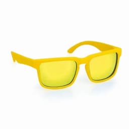 A pair of bright yellow sunglasses with square frames and reflective lenses.