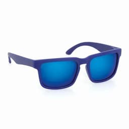 Sunglasses with a purple frame and blue reflective lenses, featuring a simple silhouette.