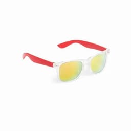 A pair of sunglasses with red arms and clear frames, featuring reflective yellow-green lenses.
